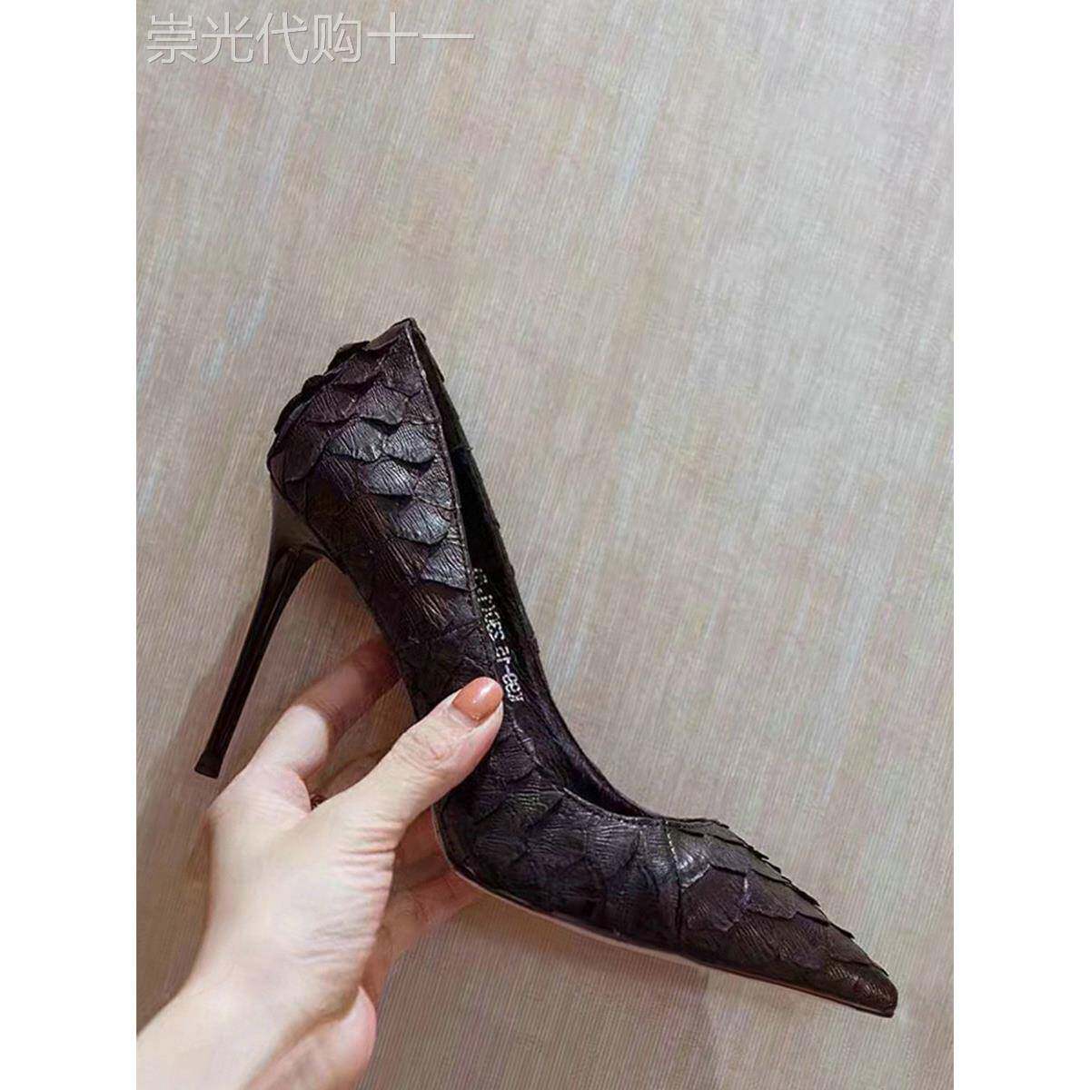 黑色高跟鞋女性细高跟鞋尖头优雅的春天专业蛇形图案软皮革非磨料