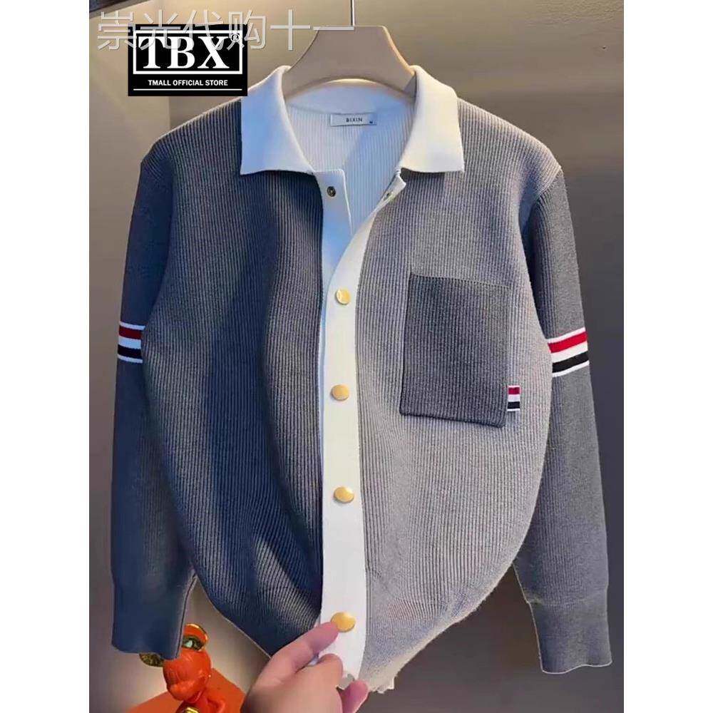 高端老钱风针织开衫外套男士2025新款秋冬季休闲翻领拼色毛衣男款