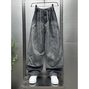 牛仔裤男款春秋季美式覆古宽松直筒黑灰色弯刀阔腿裤潮牌大码休闲