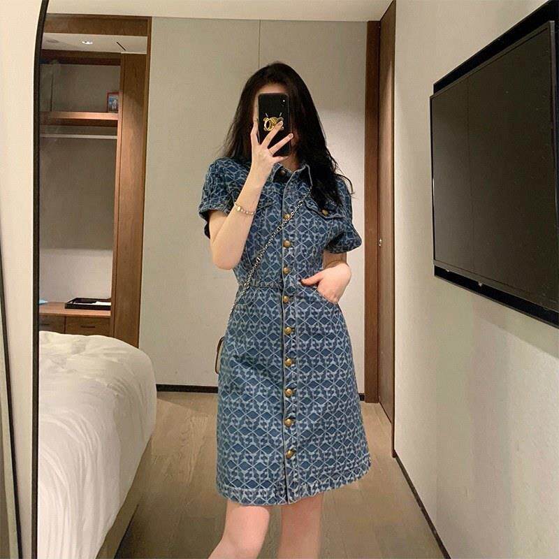 牛仔洋装女夏季欧货高腰a字胖mm遮肚藏肉裙子法式小香风衬衫裙