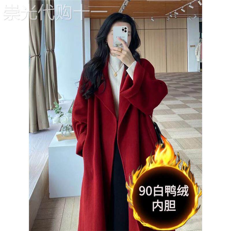 红色羽绒服女2025冬季新款羽绒可拆卸内胆红色双面呢羊绒大衣加厚