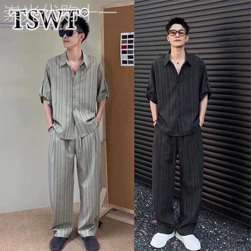 高端老钱风条纹套装男士夏季潮流短袖衬衫直筒休闲长裤男款两件套