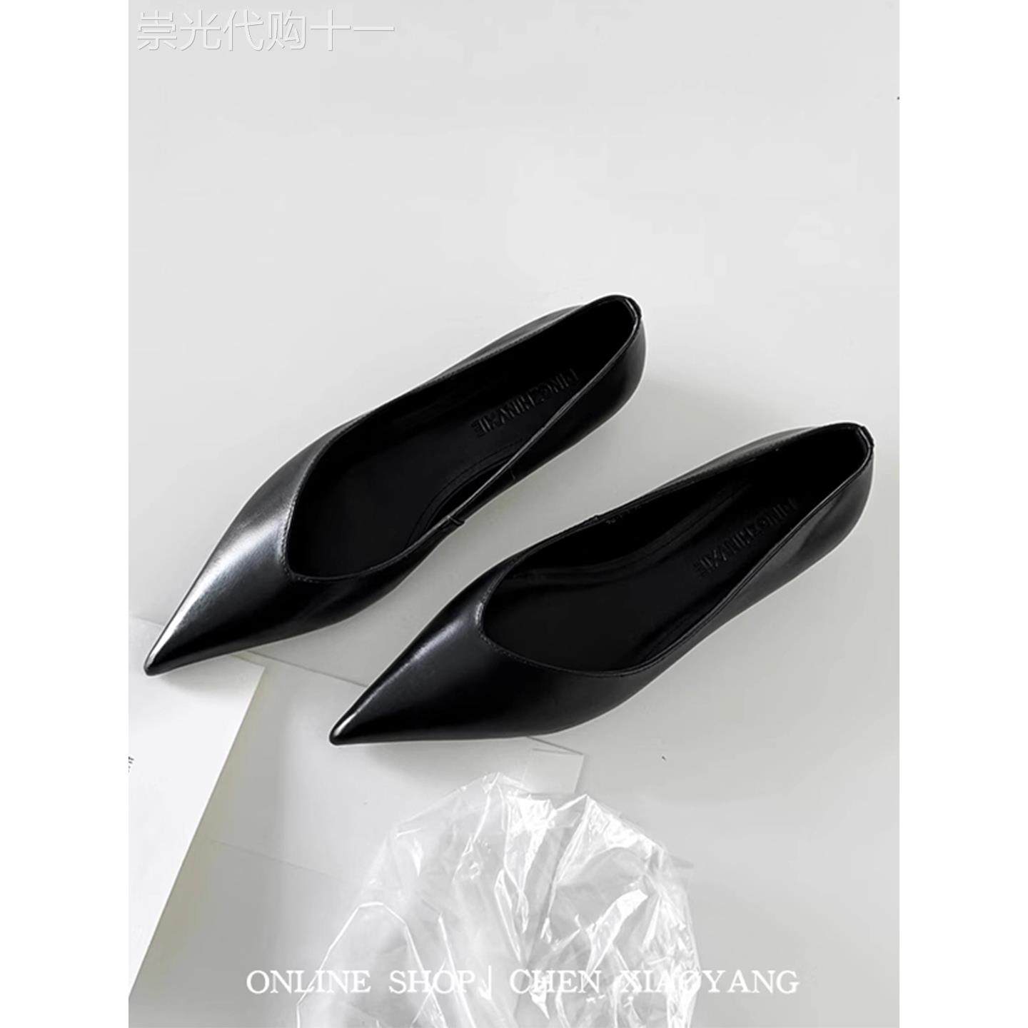 真皮浅口单鞋女春秋季2025新款内增高黑色通勤极简百搭尖头平底鞋
