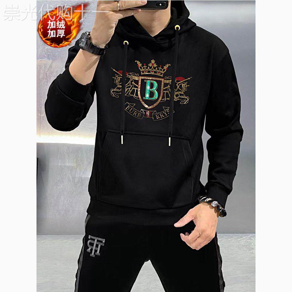 潮牌修身男士连帽卫衣秋冬季潮流纯棉上衣服加绒加厚2025新款外套