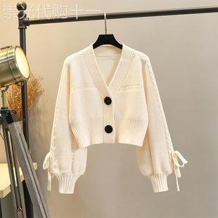 潮牌加厚针织开衫女2024秋冬宽松短款V领灯笼袖系绳毛衣外套上衣