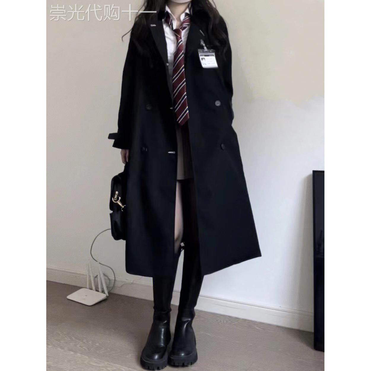 潮牌黑色小个子风衣外套女春秋季2026新款洋派中长版宽松开衫上衣