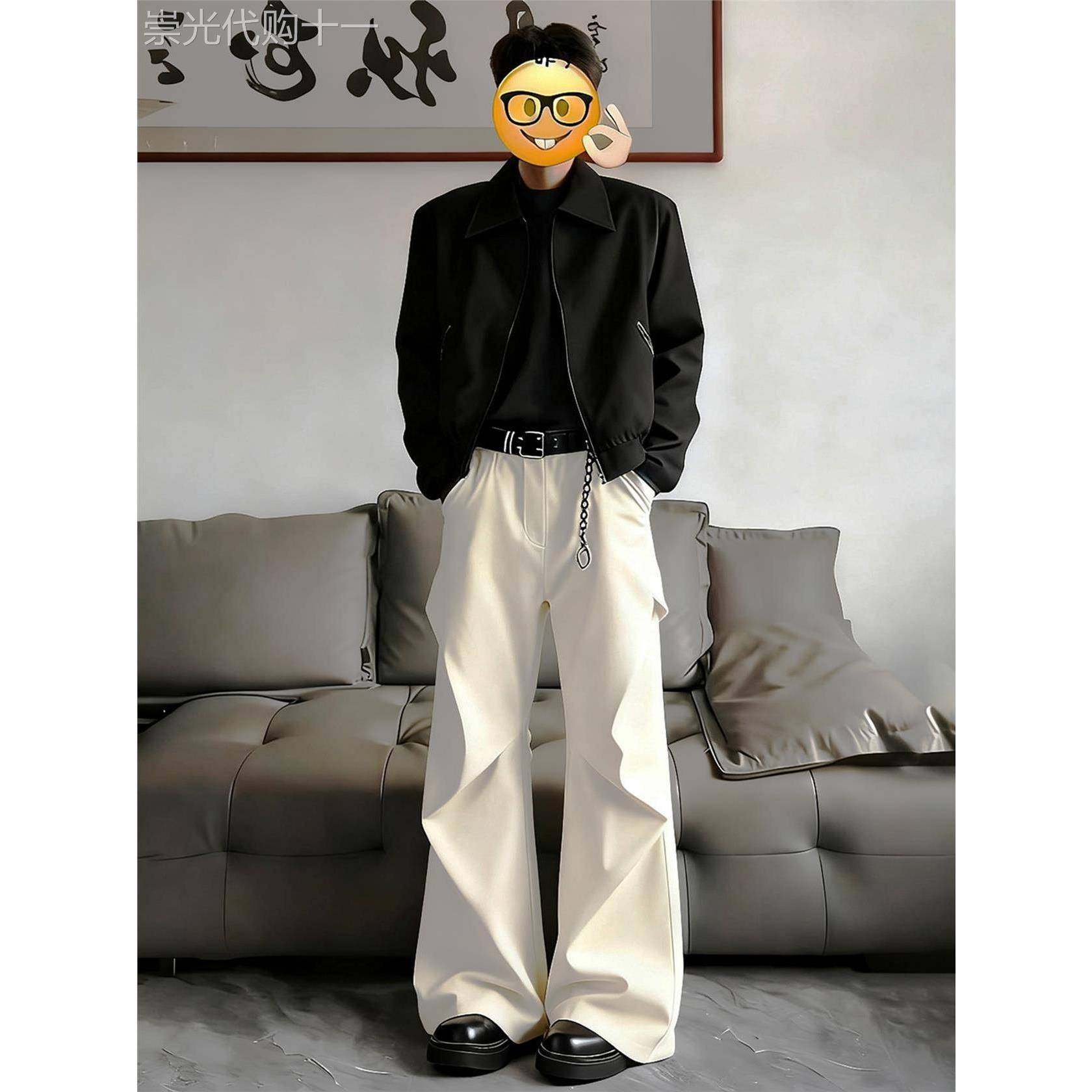 白色褶皱西裤男款春秋季高级感宽松阔腿裤新款美式弯刀垂感西装裤