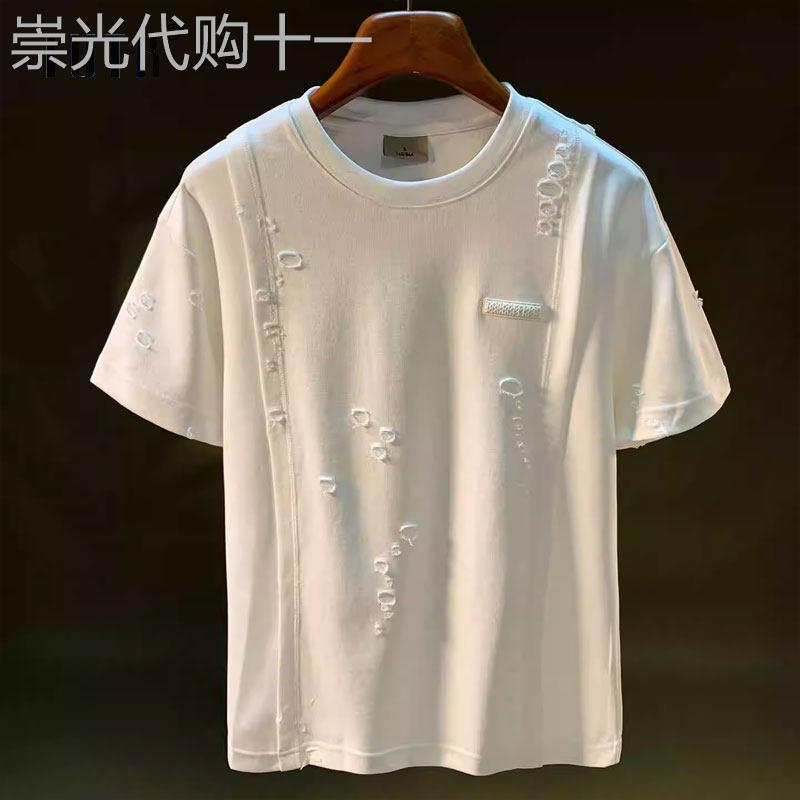 破洞短袖T恤男士夏季薄款五分袖上衣潮牌宽松圆领休闲半袖体恤衫