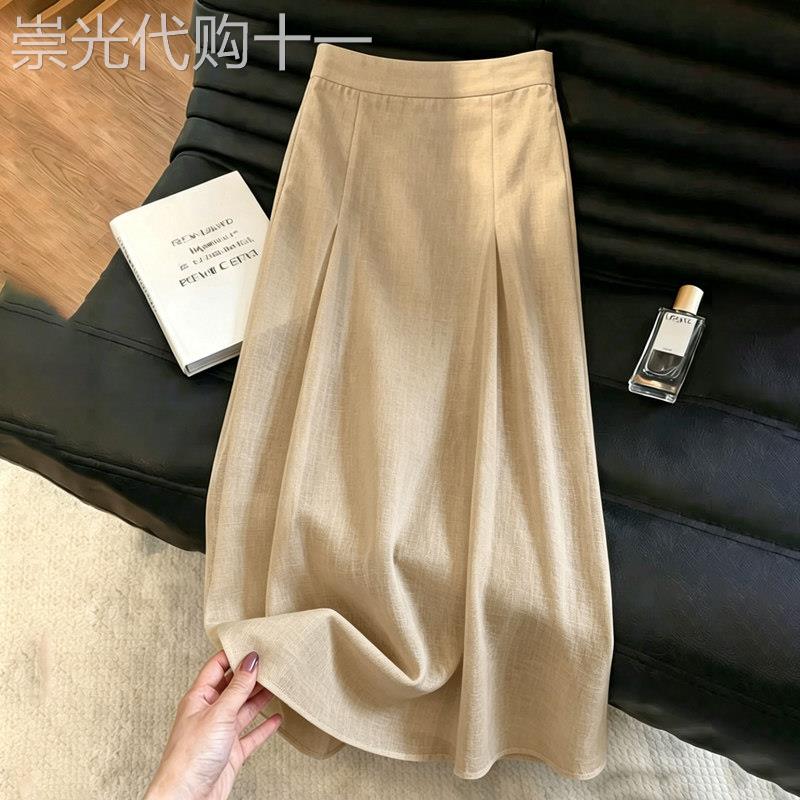 浅卡其色亚麻半身裙女2026夏季新款极简风通勤时尚百搭高腰A字裙