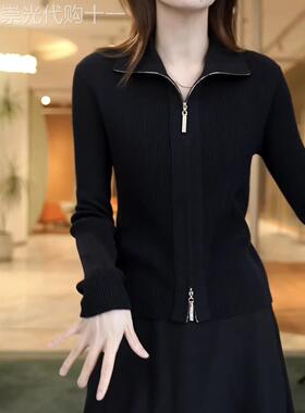 香港TIMO羊毛衫外套女秋冬洋气立领针织毛衣开衫宽松显瘦拉炼上衣