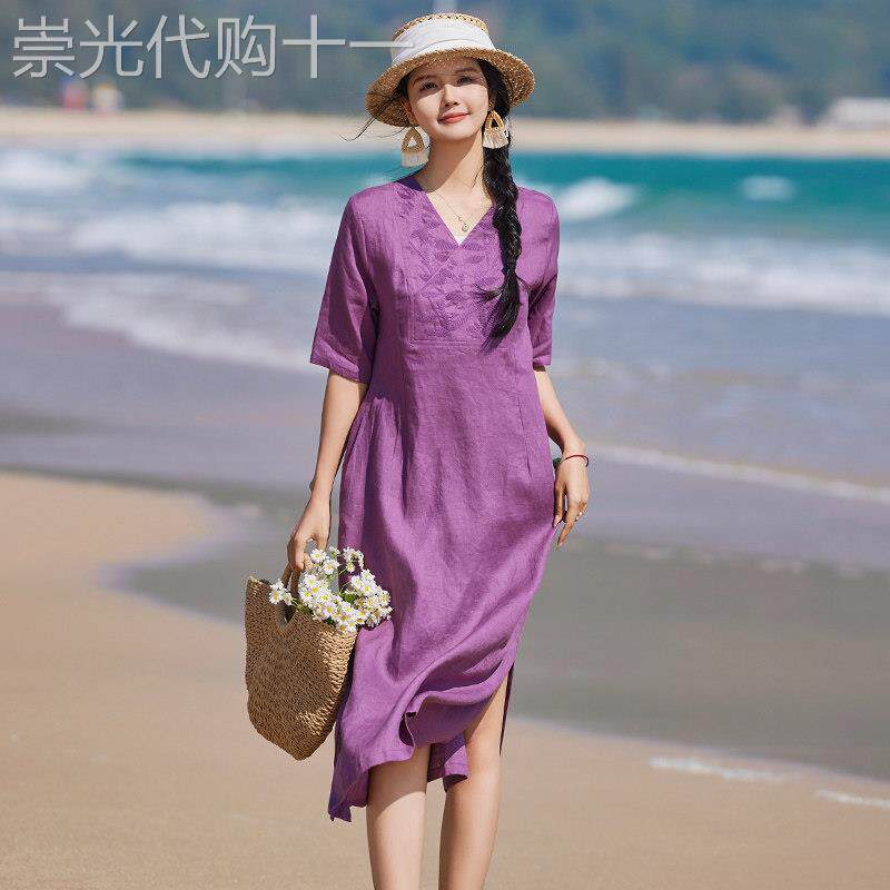 国风刺绣亚麻连衣裙2026新款女装春夏洋气减龄棉麻旗袍裙子改良版