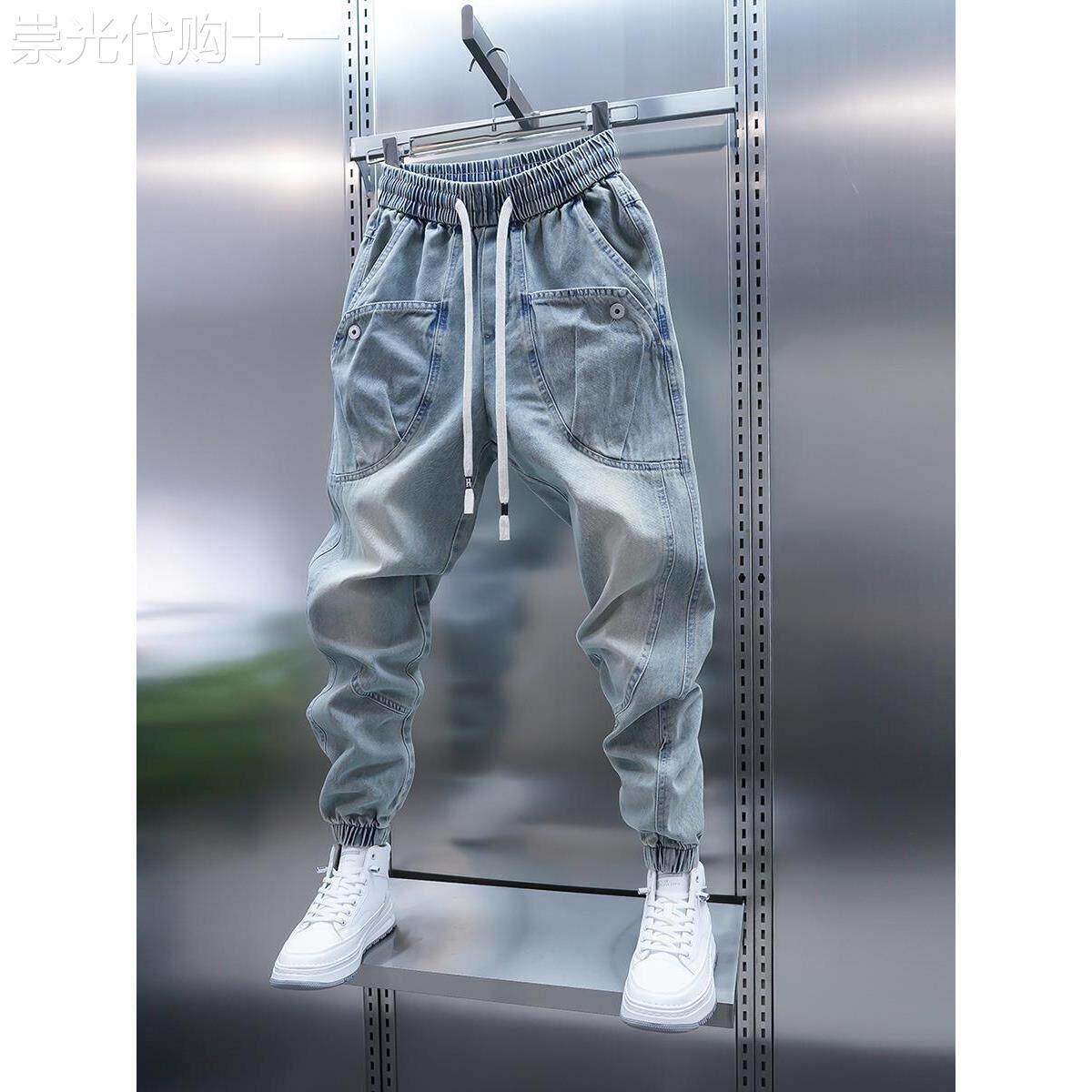 新款浅蓝色痞帅束脚休闲裤2025年春秋大口袋牛仔裤男士束脚哈伦裤