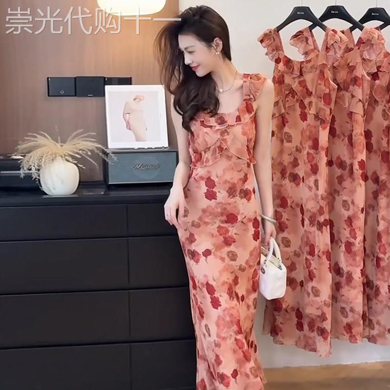 法式荷叶边碎花吊带洋装女2025夏季新款超好看独特漂亮收腰裙子
