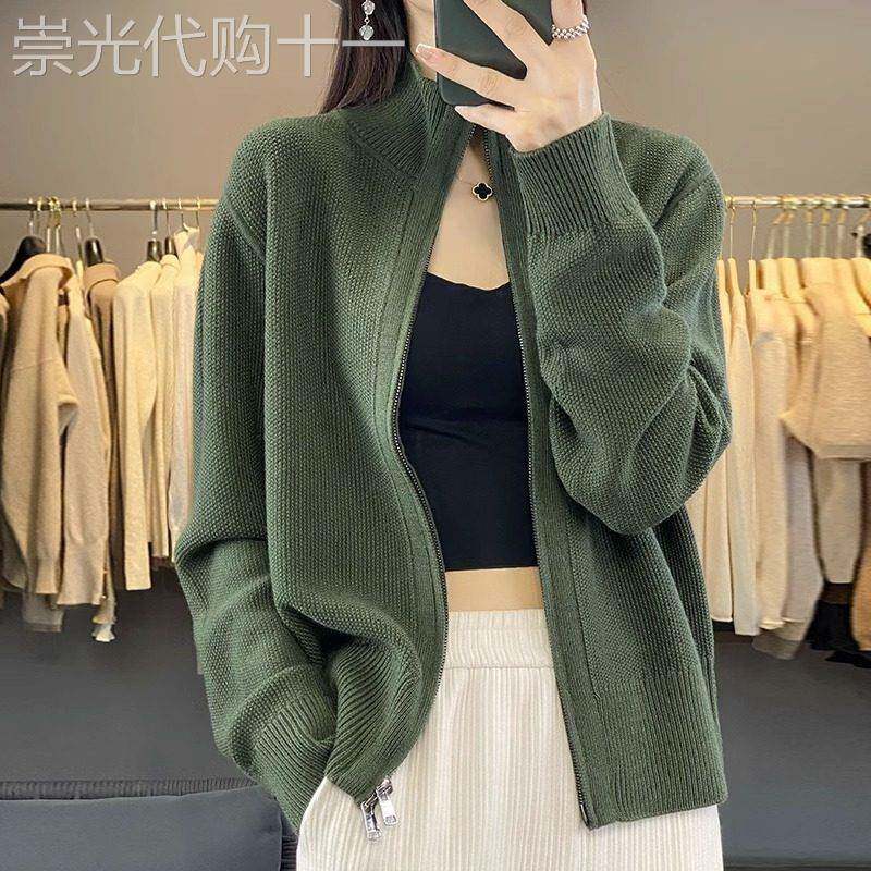 休闲毛衣外套女春秋2025新款时尚简约风宽松加厚羊毛拉炼针织开衫