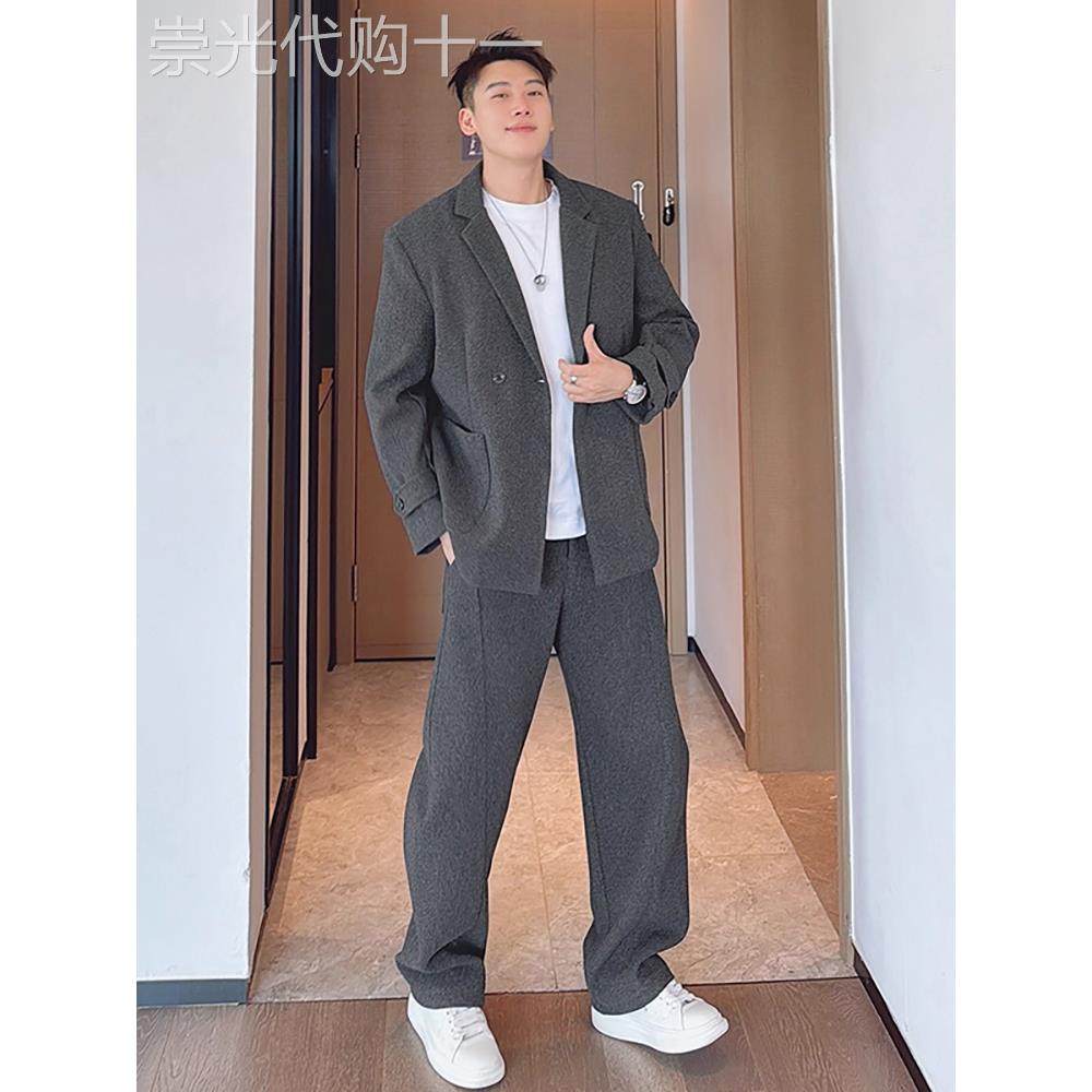 秋冬季加厚休闲毛呢西服套装男士呢子小西装外套弯刀裤两件套潮