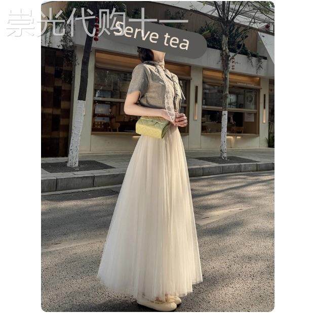 2025秋冬新款纱裙白色网纱半身裙女垂坠感a字高腰长裙大摆蓬蓬裙