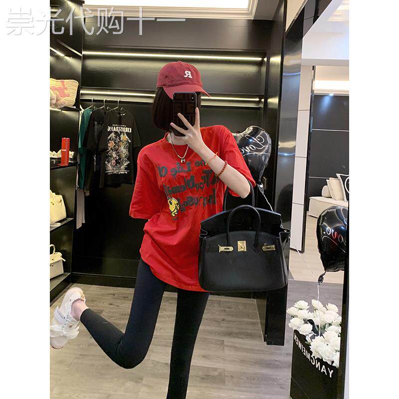 潮牌红色高级感短袖t恤女夏季新款宽松显瘦中长款设计感体恤上衣