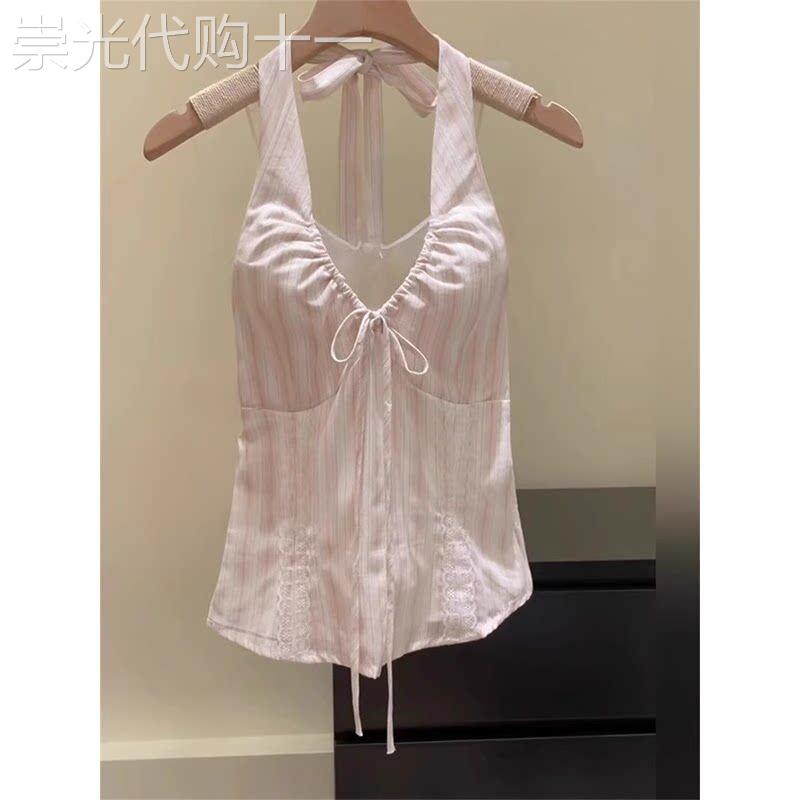 多巴胺粉色系带露背背心女设计感外穿甜辣独特绝美挂脖小吊带上衣