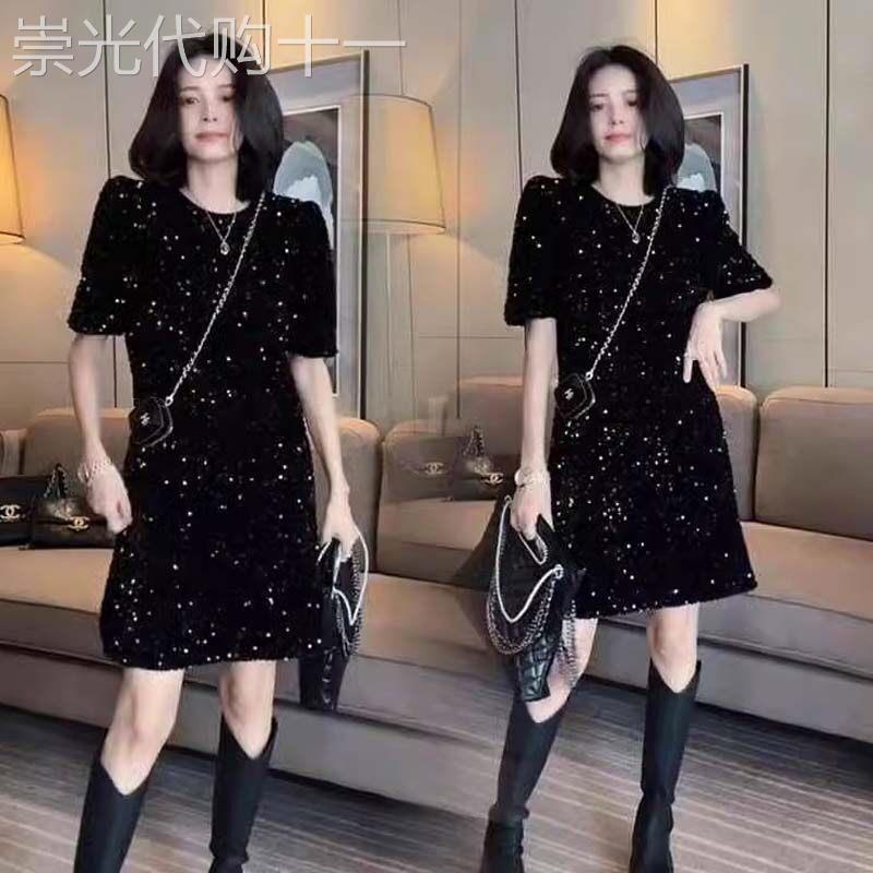 重工亮片黑色洋装女欧货中长版短袖小黑裙法式小香风直筒裙大尺码