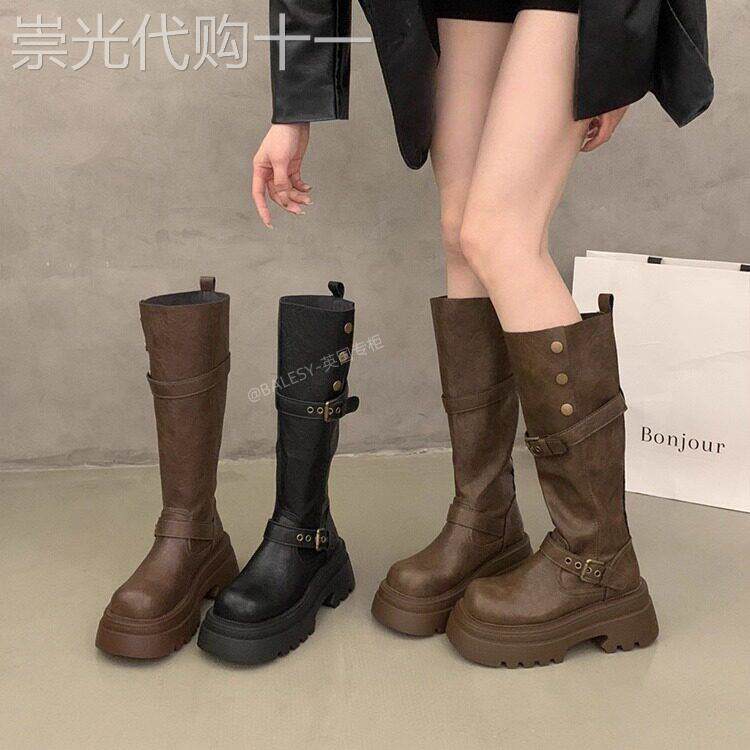 英国真皮棕色厚底长筒靴女2025新款秋冬不过膝显瘦骑士靴高筒长靴