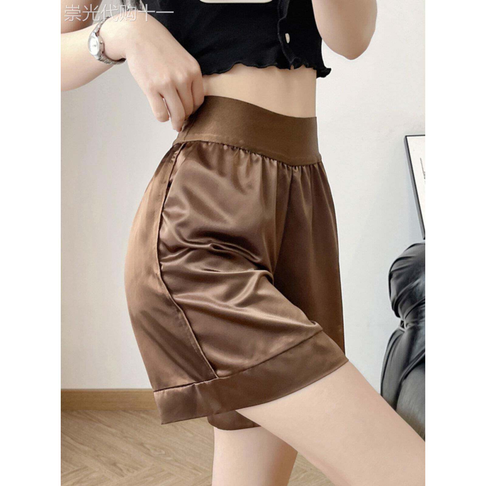 韩国缎面醋酸真丝短裤女外穿夏季新款时尚小个子高腰黑色西装短裤