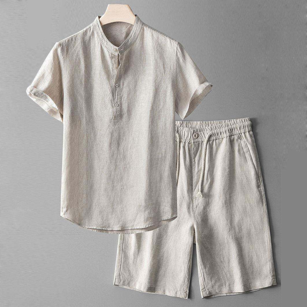 亚麻套装男夏季衬衫男短裤薄款纯麻料衣服男款短袖T恤男士五分裤