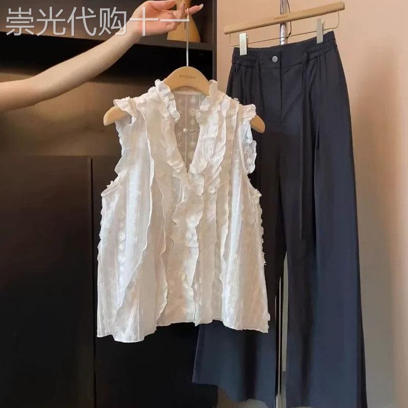 超好看甜美V领荷叶边无袖衬衫女士夏季欧货衬衫短款绝美背心上衣