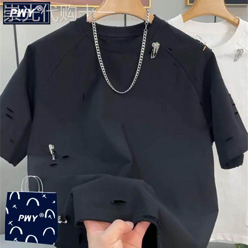 潮牌做旧破洞短袖T恤男夏季薄款痞帅个性半截袖休闲宽松T恤上衣