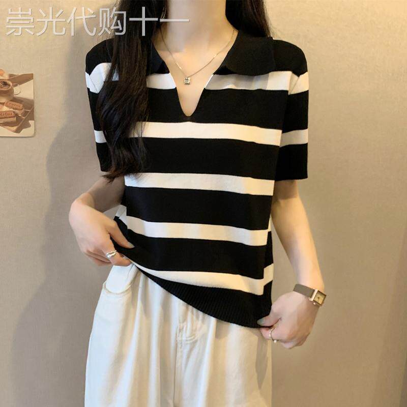 黑白条纹V领正肩冰丝短袖T恤女夏大尺码胖mm显瘦遮肚法式polo衫上