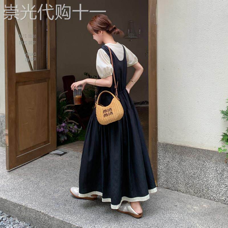 黑色背心连衣裙泡泡袖上衣套装女夏2025新款法式复古气质显瘦长裙