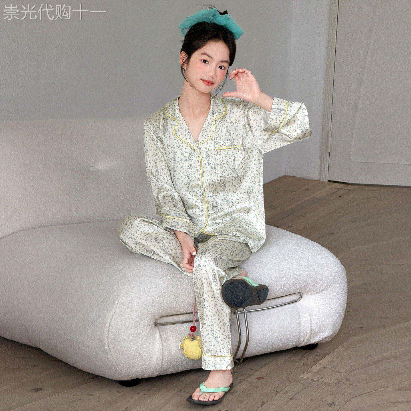 韩国女童真丝豹纹睡衣儿童春夏季长袖开衫家居服套装可爱风高级感