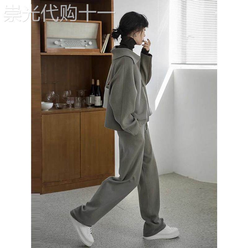 灰色休闲运动服套装女秋冬新款卫衣阔腿裤韩系慵懒减龄跑步两件套