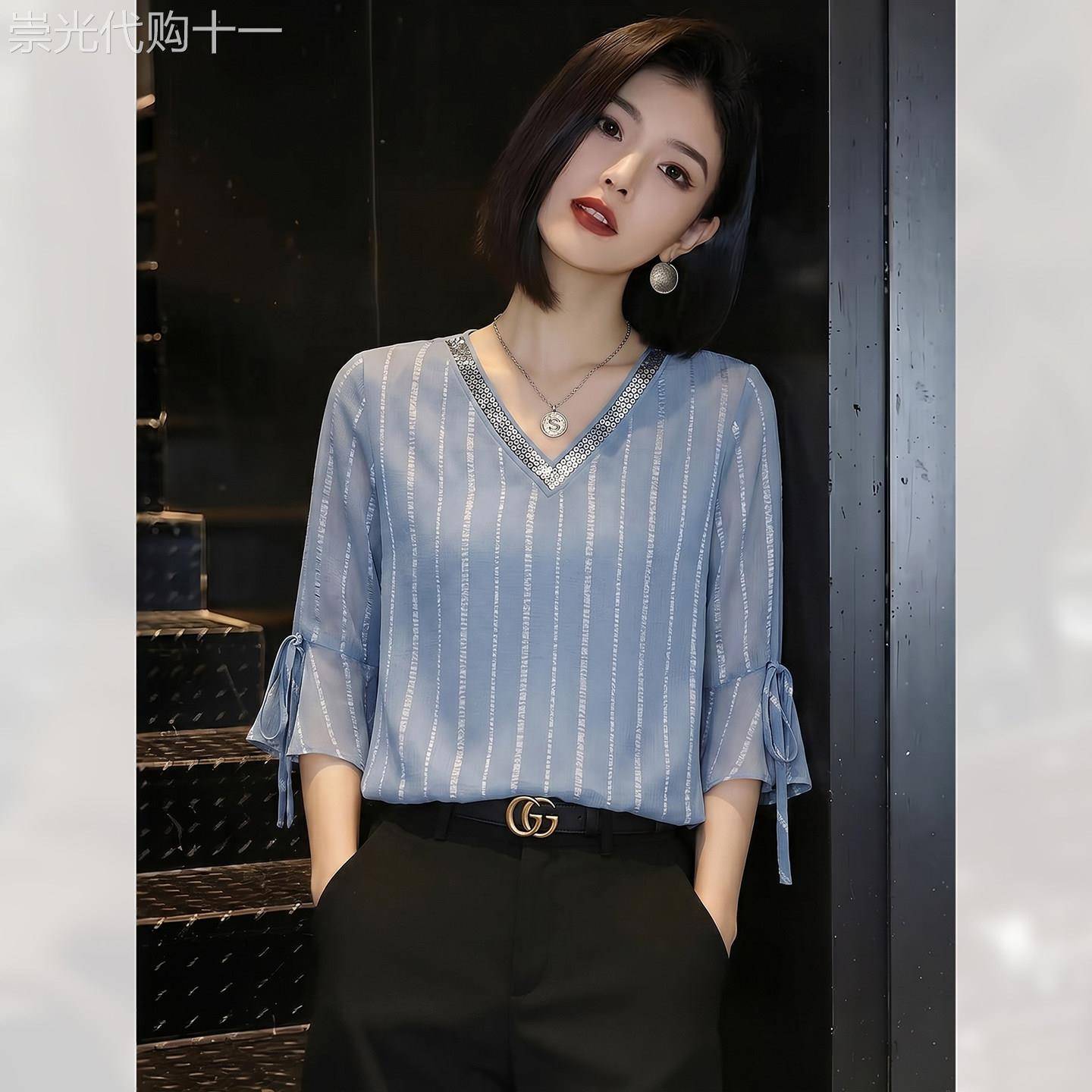 法式简约V领条纹七分袖衬衫女装夏季2026年新款通勤轻薄小衫上衣