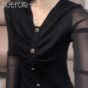 设计感轻熟风黑色长袖女2026年春季新款薄纱袖子气质优雅长袖上衣