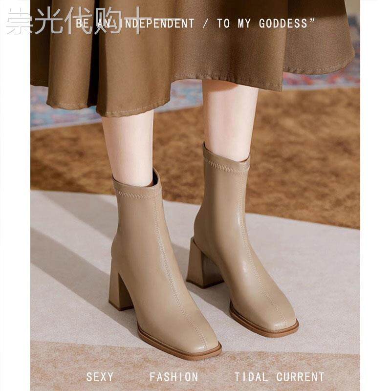 真皮高跟短靴女春秋2025新款后拉炼方头粗跟加绒女靴英伦风马丁靴