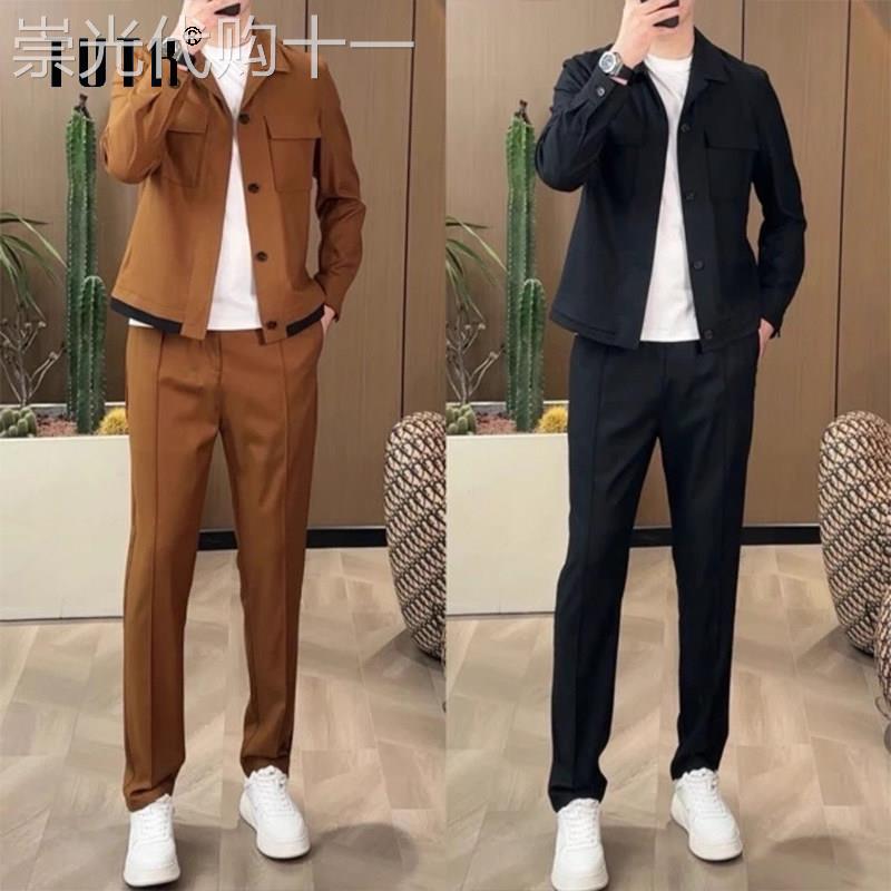 休闲运动套装男士夏季2025新款高级感商务翻领外套男装搭配一整套