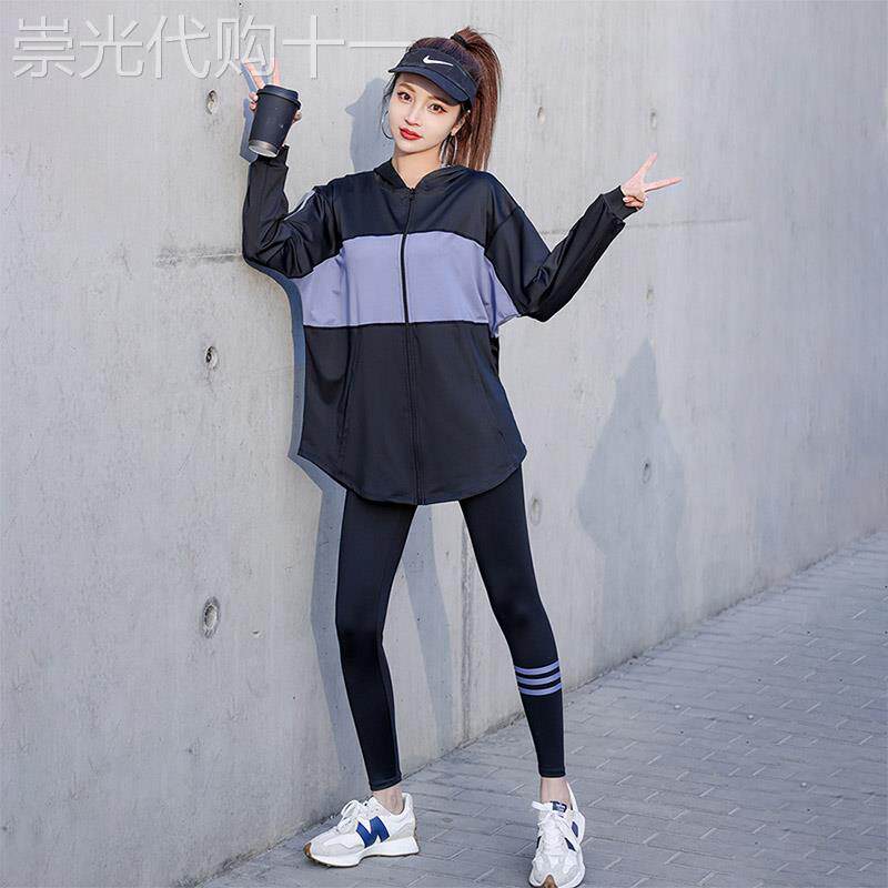 潮牌户外跑步长袖健身衣瑜伽服套装女春秋新款专业胖mm晨跑运动服