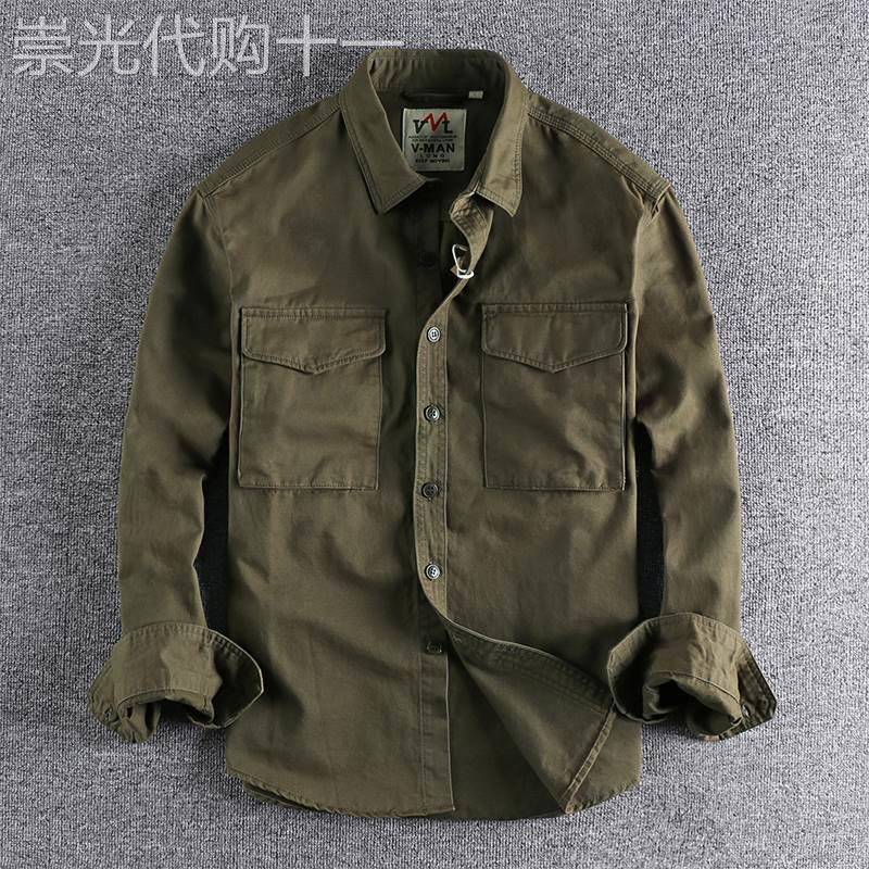 代购2023春秋咔叽覆古水洗纯色工装衬衫男立体口袋潮流宽松外套