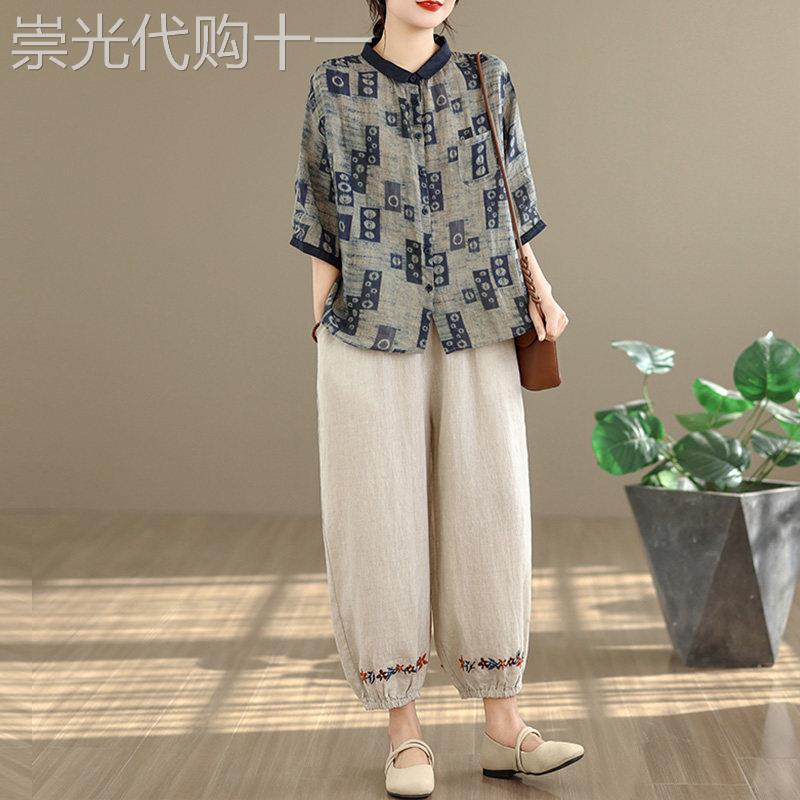 潮牌中年妈妈休闲亚麻套装女士夏季复古印花衬衫哈伦裤苧麻两件套