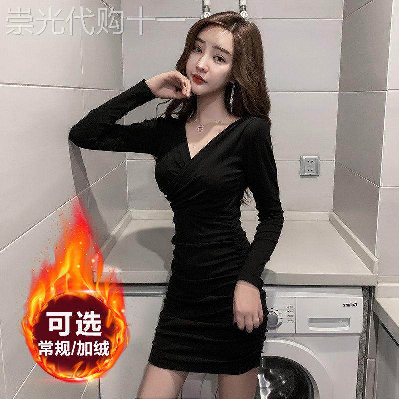 交叉V领性感连衣裙收腰修身显瘦春秋季加绒加厚裙子女紧身包臀裙
