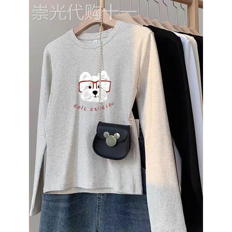 韩国纯棉磨毛正肩圆领长袖t恤女小众不撞款休闲减龄百搭厚款上衣