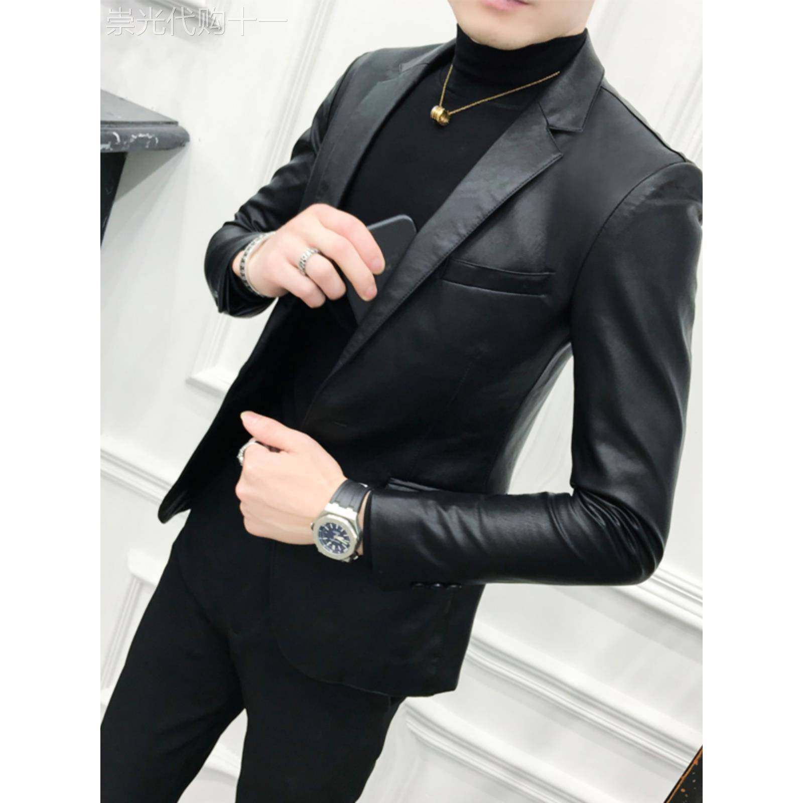 小西装男春秋季修身痞帅皮衣外套西服休闲冬款加绒立领皮夹克男装