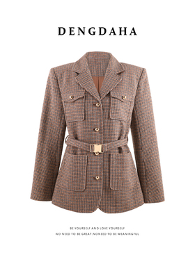 DENGDAHA「气度不凡」复古风千鸟格收腰系带西装外套女秋加厚外套