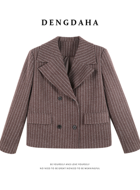 DENGDAHA「高干女主」复古风翻领条纹西装宽松毛呢外套秋装呢大衣