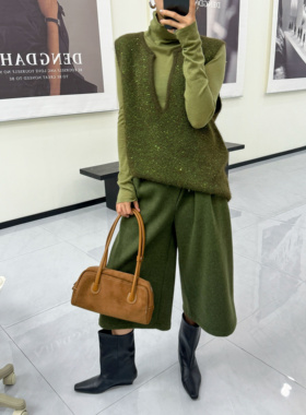 DENGDAHA 「惬意周末」复古风亮片装饰V领针织马甲上衣HBZX710109