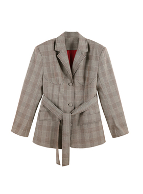 DENGDAHA「英式刻度」复古雅痞风格纹收腰系带西装外套HBZW800048