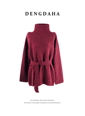 DENGDAHA「浪漫不止」轻熟风 高领系带收腰针织上衣HBZX710181