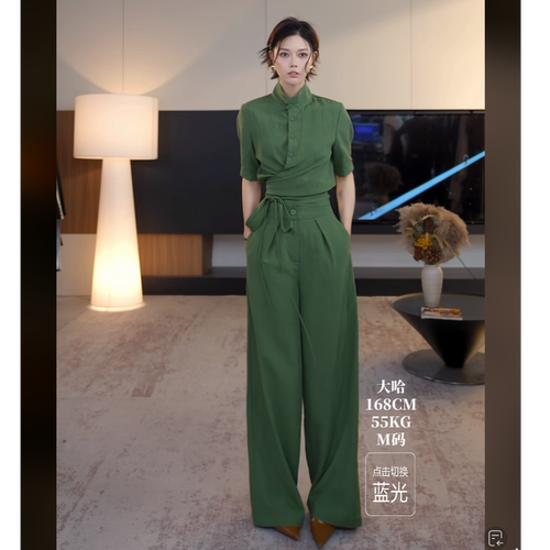 DENGDAHA「落日树影」新中式盘扣飘带衬衫阔腿裤套装HBZX710382