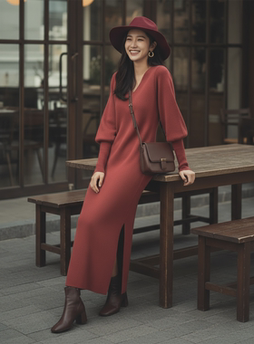 秋季新款V领法式纯色长袖收腰连衣裙HBZX641470