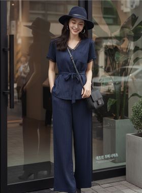 通勤风上衣+直筒裤两件套夏季短袖上衣休闲裤时尚套装HDZW652001